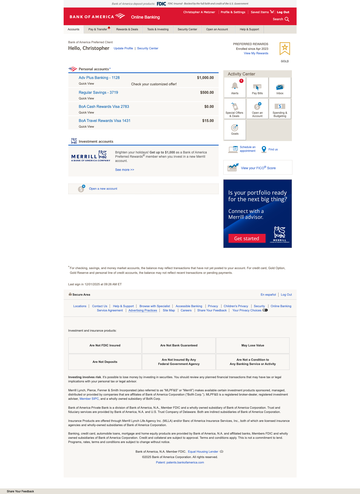 Bank of America Interface Screenshot