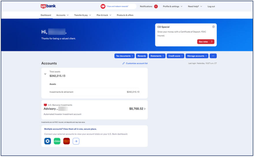 US Bank Interface Screenshot